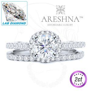 2Pcs 2ct Lab Diamond Round Engagement Halo Ring